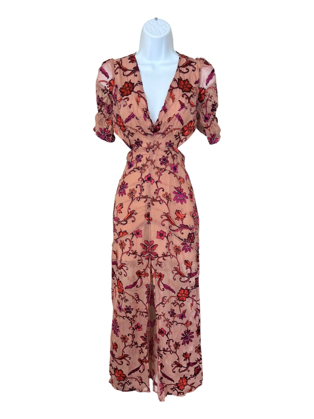 For Love & Lemons Saffron Pink Floral V-Neck High-Slit Maxi Dress - Picture 2 of 9